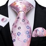 Riolio Pink Blue Floral Men's Ties Wedding Accessories Handkerchief Cufflinks Gifts For Men Cravate