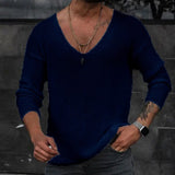 Riolio Men Spring V Neck Rib Bottoming T-shirts Pullover Autumn Long Sleeve Slim Fit Tees Tops Simple Casual Plain Thin Knit Shirt