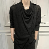 Riolio  Mens Drape Cowl Neck Asymmetric Layered Top Shoulder Buckle Slim Summer Streetwear Fashion Vintage Youth Long Sleeve  T Shirt
