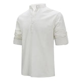 Riolio Men's Cotton Linen Long Sleeve Polo Shirt Lightweight Henley Neck Hawaiian Beach Style Solid Color Tops Vacation T-shirt