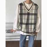 Riolio  College Style Knitted Vest Men's Thin V-neck Outer Wear Black and White Plaid Temperament Sweater