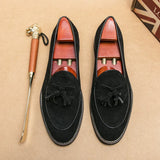 Riolio  Italian Luxury Brand Suede Men's Tassel Design Loafers Slip-on Handmade High Quality Nubuck Leather Shoes Pointed Toe Thick Sole