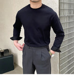Riolio  New Autumn Fashion Men T-shirt Light Luxury Solid Color Long Sleeve Tops Leisure Streetwear Casual O Neck Basic Shirts M-3XL