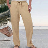 Men's Cotton Linen Long Pants Summer Solid Color Breathable Linen Trousers Male Casual Elastic Waist Casual Pants Harajuku Trous