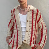 Riolio  Fashion Stitching Contrast Knitted Cardigan Men's Lapel Collar Niche Design Retro Sweater Unisex Coat Versatile Striped Knitwear