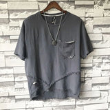 Riolio  Fashion O-Neck Pockets Irregular Hole Tassel T-Shirts Men's Clothing Summer New Loose Casual Tops Asymmetrical Tee Shirt