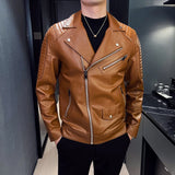 Riolio Mens Moto Biker Leather Coat Spring Autumn Leather Jacket Men Stand Collar Slim Pu Leather Jacket Fashion Motorcycle Causal Coat