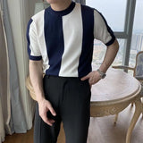 Riolio  Men Summer Ice Silk Short Sleeve T Shirt Business Round Neck Slim Breathable Thin Knit Shirt