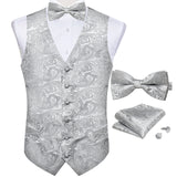 Riolio Luxury Black Paisley Silk Suit Vest for Men Bow Tie Handkerchief Cufflinks Wedding Party Formal Tuxedo Waistcoat