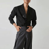 Riolio  Mens Waffle Suit Collar Long-Sleeve Shirt Genderless French Personality Street Fashion Youth Trend Solid Color V-Neck Top Unisex