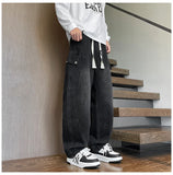 Riolio  Straight Leg Jeans Elastic Waist 2025 New Patchwork Design Utility Cargo Pants Men Big Side Pockets Autumn Workwear Trousers