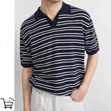 Riolio American summer high street men and women trendy striped lapel short sleeved couple loose hip-hop casual Harajuku T-shirt y2k