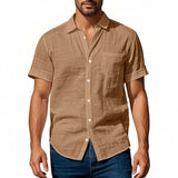 Riolio  Cross-border Men's Hawaiian Style Flax Casual Henry Neck Lapel Casual Short Sleeve Shirt