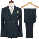 Riolio  Autumn Winter Double-Breasted Thick Stripes Suits for Men Slim Fit 2 Piece Set Blazer Pants Office Smart Casual Wedding New