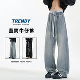 Riolio New Men's Jeans Washed Jeans Pants Unisex Drawstring Denim Pants Male Streetwear Korean Straight cylinder loose Cowboy Trousers