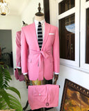 Riolio  Men's Suit 2 Pieces Blazer Pants Peaked Lapel One Button With Belt Pink Groom Appliques Beads Diamonds Tailored Costume Homme