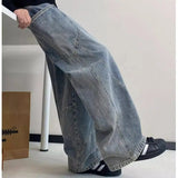 Riolio  American hip-hop men and women trendy personalized washed curved knife jeans couple retro loose Harajuku wide leg casual pants