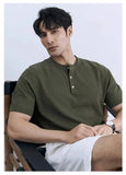 Riolio New Fashion American Style Men T-shirt Luxury Striped Knitted Henry Collar Tees Casual Solid Color Short Sleeve Breathable Tops