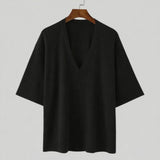 Riolio  New Summer Men's Vintage Solid Ribbed T-Shirts Trendy V-Neck Knitted Loose Elasticity T-shirt Fashion Men Half Sleeve Tees