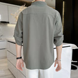 Riolio  Stand Collar Men's Shirt Cotton Linen Blend Half Sleeves Henley Neck Summer Casual Breathable Solid Color Loose Shirt Men