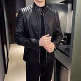 Riolio Spring New Men Solid Color Fashion Long Sleeve Faux Leather Coats Male Stand Collar Leather Jacket