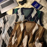 Riolio Spring Autumn Diamond Grid Candle Knitted Vest Men Women Loose Pullover Retro Outer Sleeveless Sweater Vest Aesthetic