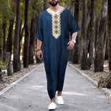 Muslim Men's Robe Arab National Loose Casual V-Neck Mid Sleeve Retro Muslim Men's Jumpsuit Summer M-4XL