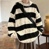 Riolio  Autumn and Winter Trendy Korean Striped Round Neck Sweater for Couples Loose and Lazy Style Casual Knitted Harajuku Top y2k
