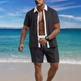 Riolio  Summer Fashion Men Sets Waffle Splicing Color Outfits Short Sleeve Shirt And Shorts Trend Two Pieces Sets Men Casual Loose Suit