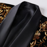 Riolio Mens Luxury Gold Velvet Sequins Floral Pattern Suit Jacket Blazer Shawl Collar Stylish Blazers Men Wedding Party Stage Costumes