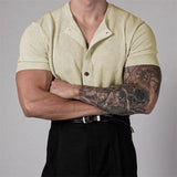 Riolio  Breathable Ice Silk Knitted Mens Shirts Slim Fit Short Sleeve Button-up Casual Shirt Summer Trendy Solid Color Knit Shirts