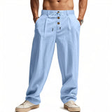 Riolio  Men's High Waist Linen Wide Leg Pants with Button Detail Elastic Drawstring Casual Trousers for Men