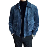 Riolio  Men Casual Corduroy Jacket with Lapel Collar Full Zipper Closure Workwear Loose Fit Coat Outerwear Cardigan for Daily Use