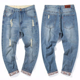 Riolio New Men's Jeans Ripped Cropped Pants Straight Leg Foot Turn-up Pants