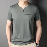 Riolio Silk V-Ne ort Sve T-irt Men's Pure Color Summer Ice Silk Feel High End Dad Clothes Faion Urban Busin Casual