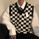 Riolio Sweater Vest Autumn New Loose Men's Checkerboard Plaid Vintage V-neck Sleeveless Knitted Vests Color Contrast Casual Sweaters