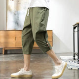 Riolio  Men Cotton Linen Summer Thin Loose Pure Cotton Sports and Casual Crop Trousers