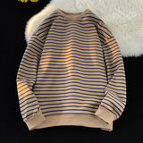 Riolio  Men's Tri-color Striped Sweatshirt American Classic Style Retro Casual Round Neck Top Unisex College Style Trendy Menswear