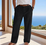 Riolio  Solid Color Pleated Linen Suit Pants For Men Elastic High Waist Straight Wide Leg Trousers Summer Office Casual Beach trousers