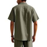 Riolio Summer New Solid Color Linen Men's Shirt Turn-down Collar Short Sleeve Men's Loose Casual Pocket Outdoor Vacation Shirt