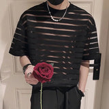Riolio Men T Shirt Mesh Striped O-neck Short Sleeve Transparent Men Clothing Streetwear Sexy Korean Fashion Tee Tops S-5XL