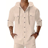 Riolio  Men's Linen Hooded Shirt Casual Solid Color Long Sleeve Beach Button Tops