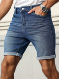 Riolio  Men's slim-fit blue denim shorts with cuffed hem, blending casual and trendy styles into a versatile and fashionable piece