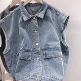 Popxstar Retro BF Style Denim Jacket Vest Waistcoat Women Sleeveless Casual Japanese Versatile Clothes Outwear Denim Cargo Tops