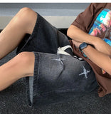 Riolio Men's New Retro Elastic Waist Pocket Fashionable Solid Color Five-point Star Ripped Denim Shorts
