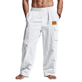 Riolio  Men's Linen Cotton Cargo Pants Drawstring Waist Wide Leg Casual Summer Beach Trousers with Pockets
