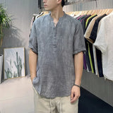 Riolio  Summer New Loose V-neck New Chinese Retro Men's Patchwork Button Fashion Solid Color Loose Casual Short Sleeved Shirts