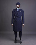 Riolio  Navy Blue Men's Suit One Piece Long Coat Double Breasted Peaked Lapel Business Overcoat SlimWedding Groom Tailored Costume Homme