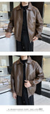 Riolio  New Autumn Men's Casual Textured PU Leather Jacket High Street Zip-up Turn-down Collar Solid Color Long Sleeve Retro Coats M-3XL