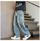 Riolio  Straight Leg Jeans Elastic Waist 2025 New Patchwork Design Utility Cargo Pants Men Big Side Pockets Autumn Workwear Trousers